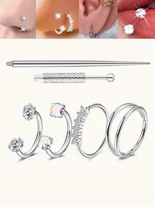 6 Piece Cz Stainless Steel Horseshoe Nose Rings, Nose Piercing Jewelry, Heart Cz Design, 8mm Inner Threaded Hoop Earrings, Suitable for Cartilage, Tragus, Lip Piercings