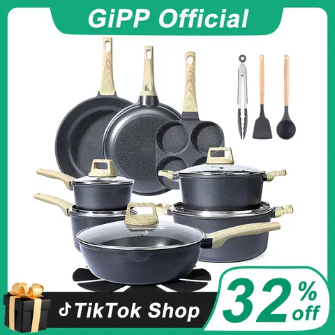 [Official] GiPP 22-Piece Aluminium Nonstick Pots and Pans Set - Multi-Size Round, Frying, 4-Egg Pans, 4.5L/7L Lidded Casseroles, 6 Protectors, Non-Toxic, PFAS PTFE PFOA PFOS-Free, Dishwasher Safe Easy-Clean Cookware