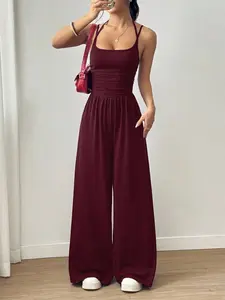 Women's One-Piece Dress with Tie Belt, Waist-Cinching Design, Sleeveless & Flared Legs, Floor-Length Straight Cut, Ideal for Resort Wear