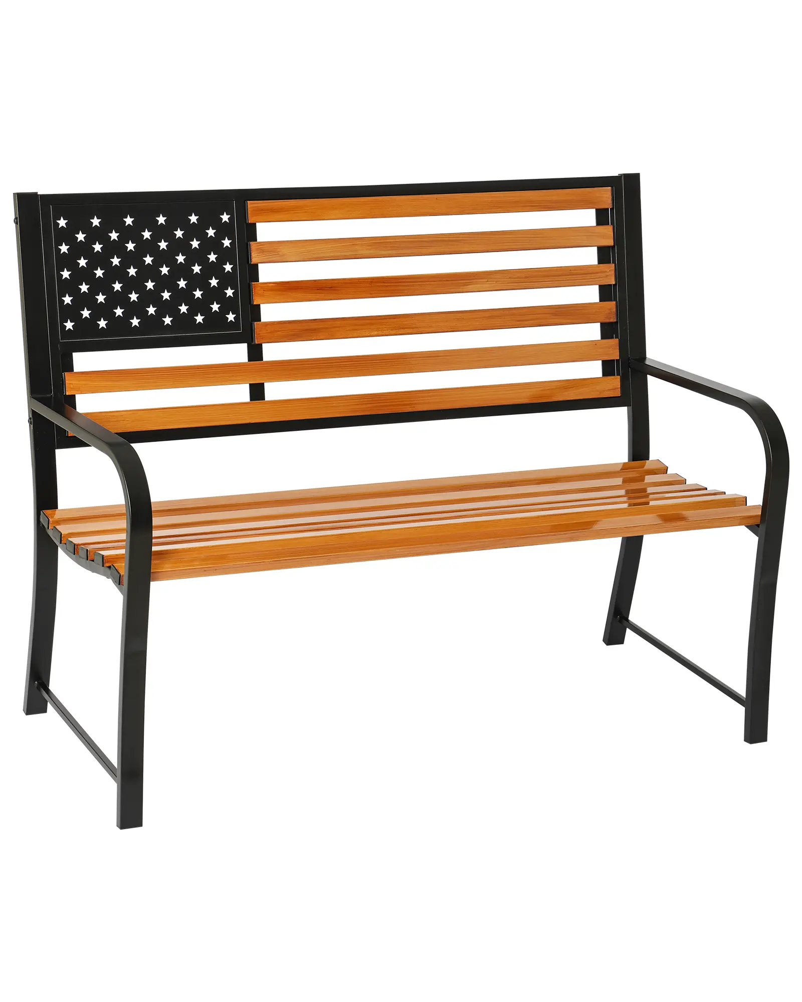 【JOYVELLEHEIM】 American Patriotic Flag Backrest Outdoor Garden Bench - 18.1in Weatherproof Steel Frame, 37.4in, 660LBS Heavy-Duty 2-Seater, Wood Grain Accent, Family Friendly, Festive Ambiance, Park/Porch Entryway Furniture, Assembly Required