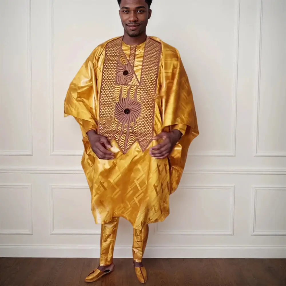 Traditional African Clothing Set for Men, 2-Piece Embroidered Dashiki Robe and Pants in Jacquard Bazin Riche, Formal Menswear, Jacquard Fabric, Evening Wear, Year-Round
