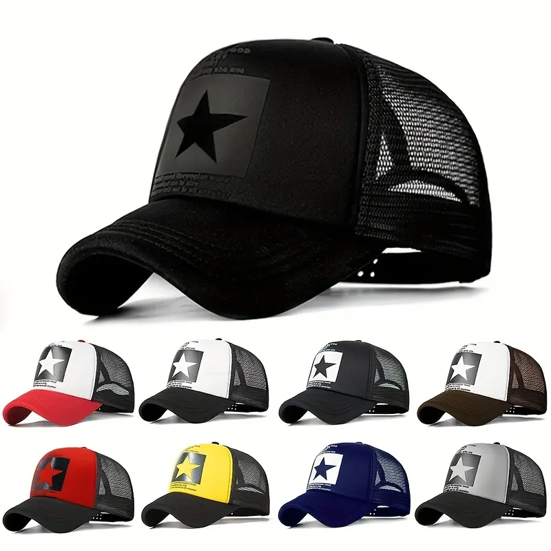 Color Block Trucker Hat with Embroidered Star Graphic, Unisex Lightweight Baseball Cap with Breathable Mesh and Adjustable Buckle, Black Panther, Polyester, Mesh Back Panel, Movie, Star Print, Mesh Fabric Hats
