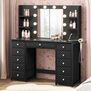 SIKAIC RGB LED Vanity Desk with 11 Storage Drawers, Black Makeup Dressing Table with 6 Open Shelves and Charging Station, Smart RGB-Lit Makeup Vanity