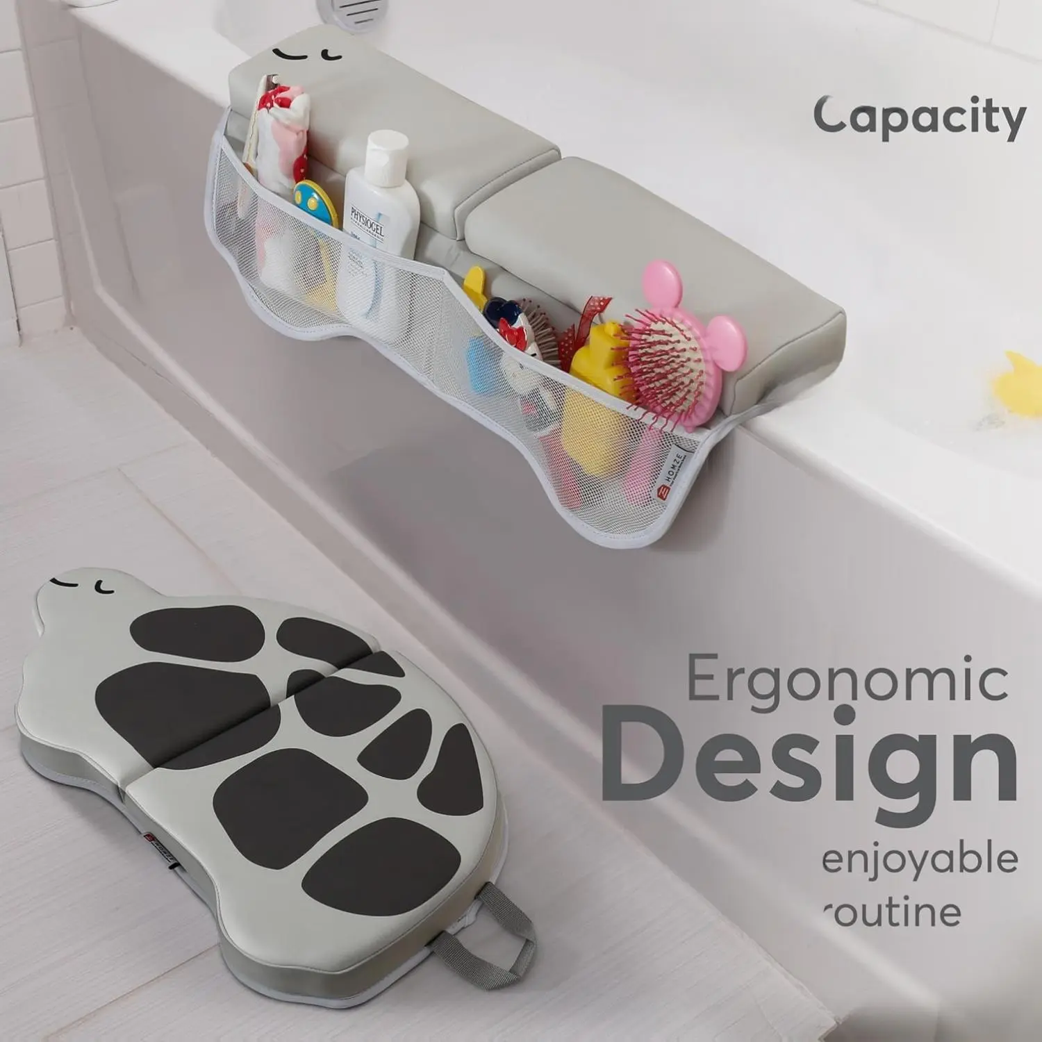 Comfortable Bath Kneeler and Elbow Rest Pad Set – 22'' Extra Long, 1.5'' Thick, Foldable, Non-Slip, with Toy Organizer Pockets, Quick Drying – Grey (Turtle Shape) Mat Bathtub