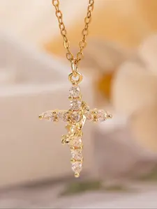 Elegant Crown Cross Pendant Necklace, Statement Necklace, Copper Zirconia Inlay, Stainless Steel Chain, Perfect Gift for Girls All Seasons Jewelry, Sparkling CZ Necklace