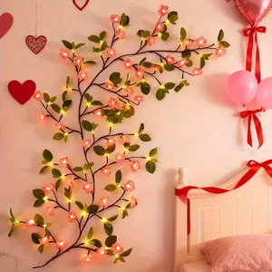 Valentine's Day Decorative Rattan-Style Artificial Peach Blossom LED Wall Lamp Features 96 warm white LED bulbs USB-powered Indoor fairy light string Ideal for Valentine's Day, storefront displays, bedrooms, parties, and weddings