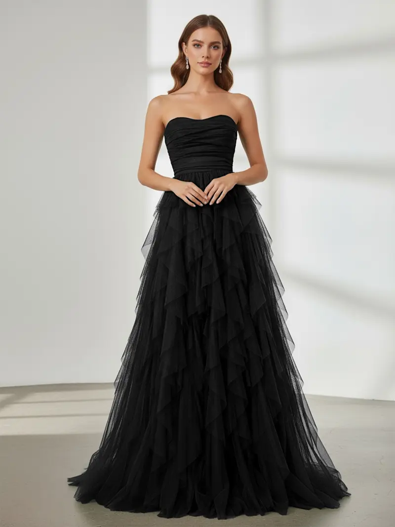 gabby formal mesh strapless ruffle long dress Gabby Formal Mesh Strapless Ruffle Long Dress