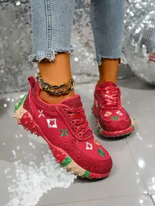 Street Style Sneakers, Full Rhinestone Embroidery + Colorblock Sole, Casual Textile Upper, Less Than Ankle Height, All Seasons, Sports Shoes