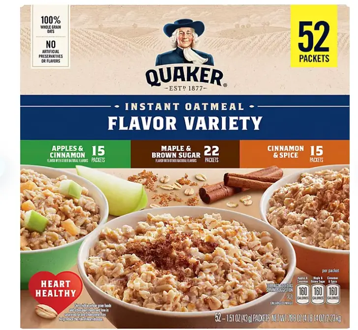Quaker Instant Oatmeal Flavor Variety Pack 52 Packets 1.51 oz Each Maple Brown Sugar Apples Cinnamon Spice Heart Healthy Organic Whole Grain Oats - Muesli Food