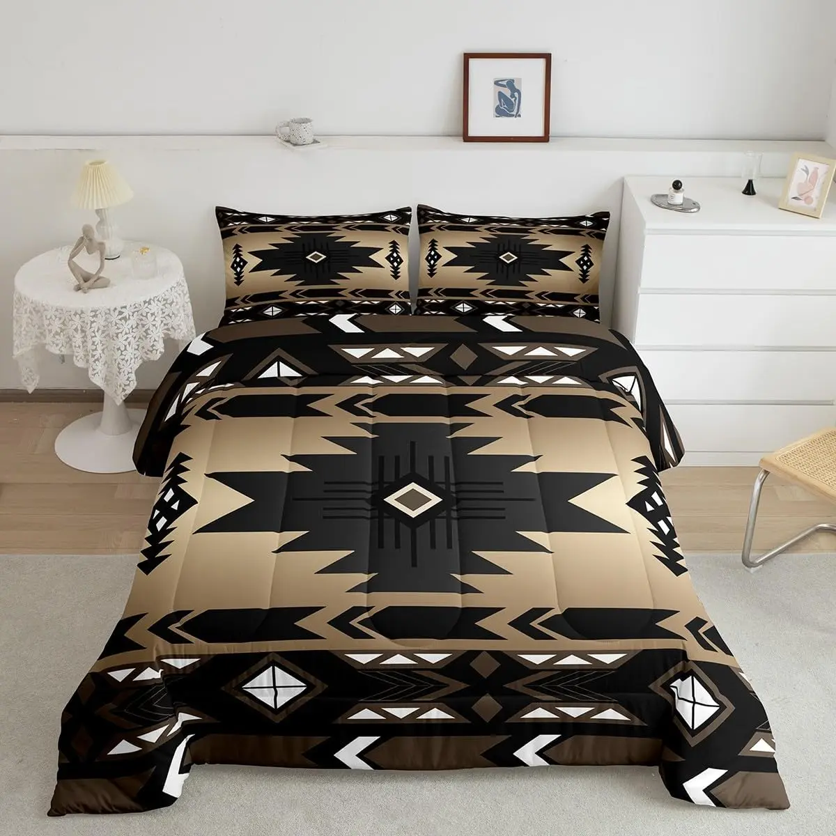 Feelyou Queen Size Microfiber Bedroom Bedding Set - Western Boho Geometric Print, Aztec Motif Duvet, Ethnic Tribal Arrow Quilt, Southwest Room Decor (Black Brown), Travel-Friendly All-Season Duvet Set, All Seasons, Whole Piece