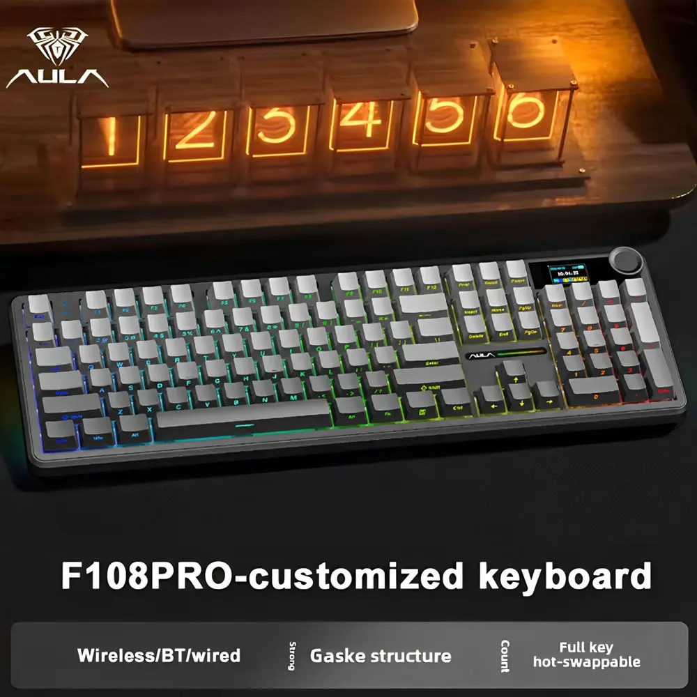 AULA F108 Pro Full Size Wireless Mechanical Gaming Keyboard with Knob Smart Screen Num Pad Tri-Mode RGB Backlit Hot Swappable Customize Keyboard E-Sports Office Computer Accessories F108Pro Red 8000mAh Battery 3ms Response