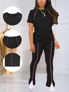 Women’s summer short-sleeve top and flared pants set, casual sporty simple stripes, suitable for home and travel, classic color-block design
