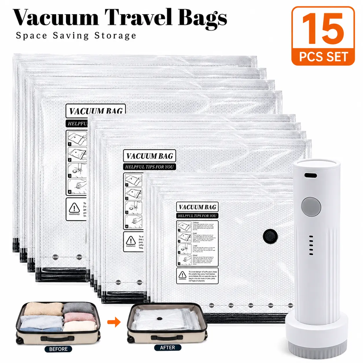 [2026 Upgraded]X7 Cordless Travel Vacuum Bag Set Vacuum Bags for Travel withRechargeable air Pump, 15 Pack Carry-on Size Compression Packing Bags forLuggage and Suitcase, Space Saver forClothes and Clothing Travel ZipperPouches