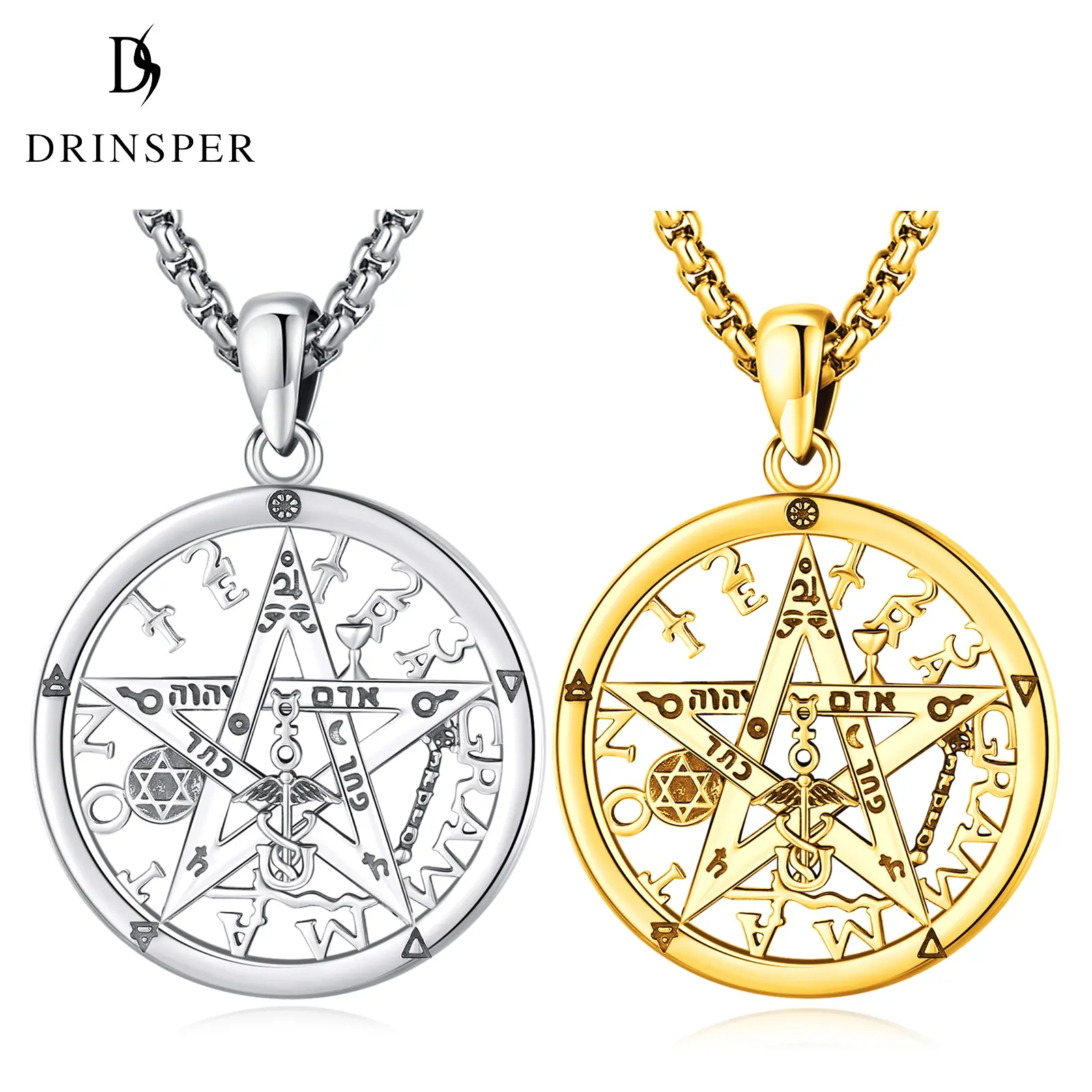 DRINSPER 925 Sterling Silver Pentacle Tetragrammaton Spiritual Pendant Necklace - Faith Style Jewelry Pendant, Protection Amulet Medallion Chain, Gift for Men Women, Faith Style Necklaces, Necklace And Chain