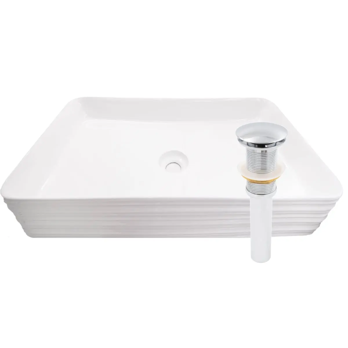 360 stand Novatto NP-208513CH Rectangular White Porcelain Above Counter Bathroom Sink with Grooved Exterior, Chrome Drain (Includes Drain), Easy Cleanup