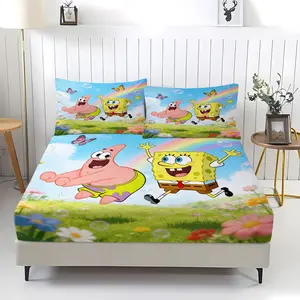 SpongeBob SquarePants Printed Pattern Bed Sheet, Comfortable Printed Pattern, Includes 1 Bed Sheet and 2 Pillowcases, Comfortable Bedding, Non slip Dust Cover Suitable for Bedroom and Guest Room, Suitable for Children and Adults as Gifts