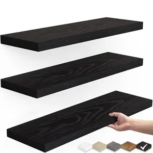 Set of 3 Floating Shelves for Wall, Wall Mounted Rustic Wood Shelves for Bathroom, Bedroom, Living Room, Kitchen, Hanging Shelf for Books/Storage/Room Decor with 22lbs Capacity (Black, 15.7in)