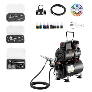 VEVOR Airbrush Kit, 1/6 HP, Air Brush Kit with Air Compressor and Tank, 3 Dual-Action Professional Airbrushes with 3 Tips, Hose, Acrylic Paint, 2 Fans, for Cake Decorating, Model Painting, Nail Art