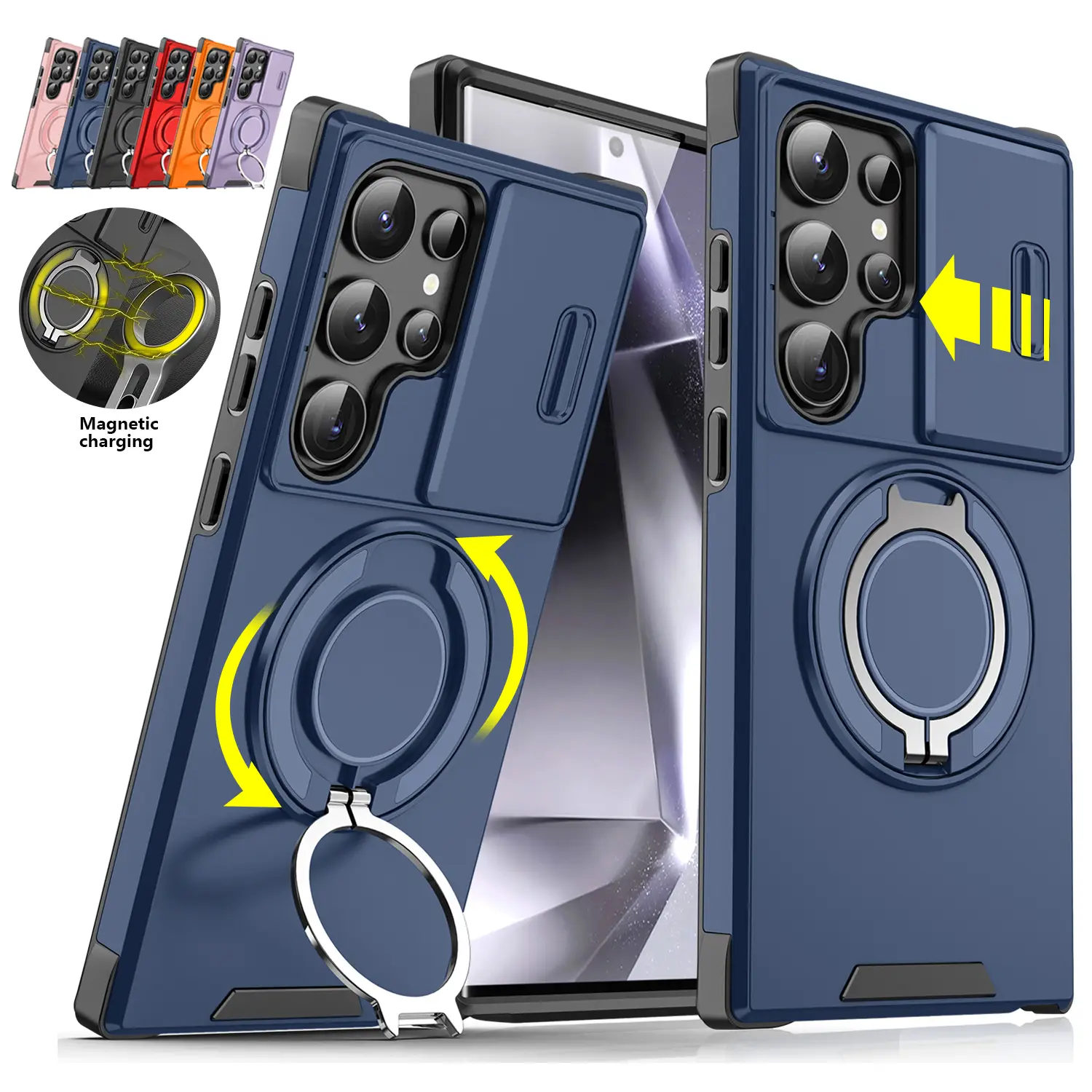 Shockproof Magnetic Case for Samsung Galaxy S25/S24/S23/S22/S21 Ultra/Plus with Slide Camera Lens Protector & Rotating Ring Holder