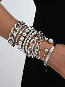 10 Pieces Punk Silver Chain Bracelet Set For Women, Vintage Layered Bead Bangles, Bold Cuban Link Stackable Bracelets, Adjustable Open Cuff Bracelet Set, Hip Hop Y2K Street Style Jewelry For Party, Concert, Daily Wear, Fashion Gift