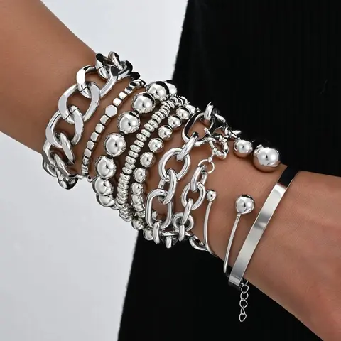 10 Pieces Punk Silver Chain Bracelet Set For Women, Vintage Layered Bead, Chunky Bangles, Stacking Bangles, Cuban Link Stackable Bracelets, Stacked Bracelets, Hip Hop Y2K Street Style Jewelry For Party, Concert, Daily Wear, Gift