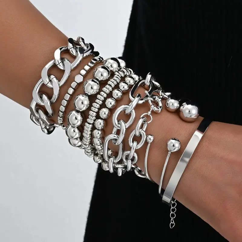 10 Pieces Punk Silver Chain Bracelet Set For Women, Vintage Layered Bead, Chunky Bangles, Stacking Bangles, Cuban Link Stackable Bracelets, Stacked Bracelets, Hip Hop Y2K Street Style Jewelry For Party, Concert, Daily Wear, Gift