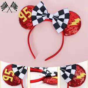 Official Women's Mouse Ears Headband - Red & Black Checkered Sequins, with Bow-like Accent - Costume Party, Parks, Halloween - Official Princess Hair Accessory