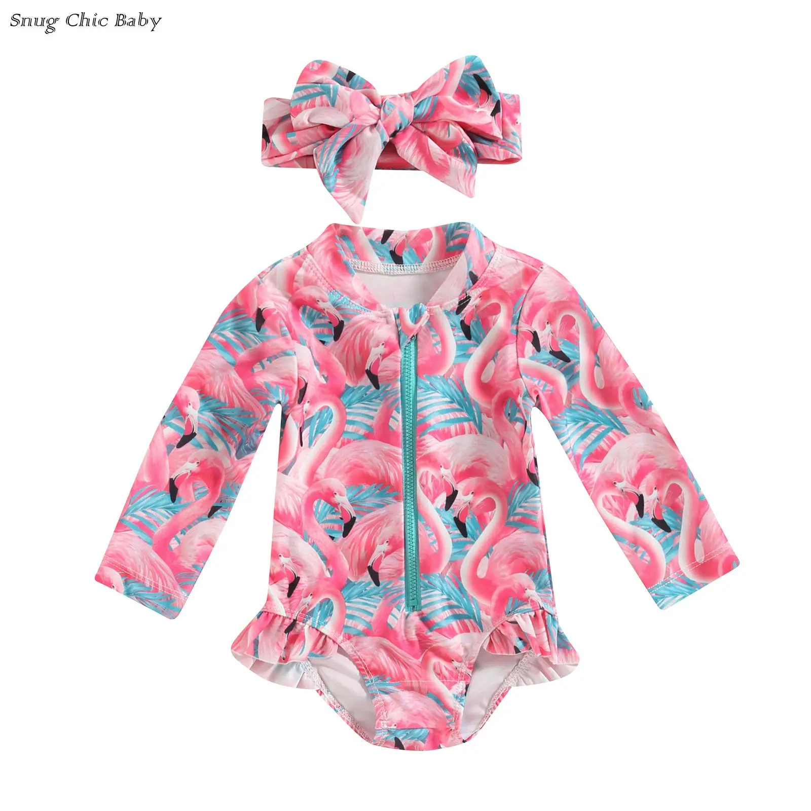 Sweet and adorable long-sleeved sun-protective swimsuit set for baby girls,  design with front zipper and ruffled hem, matching headband, cute flamingo/floral print swimsuit