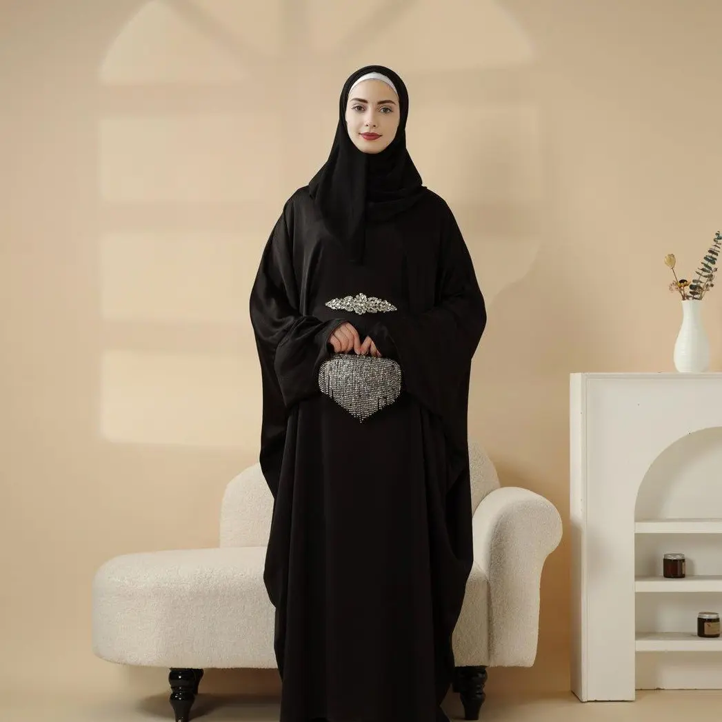 Women's Elegant Crinkle Satin Abaya Caftan - Maxi Dress with Batwing Sleeves, Rhinestone Waist for Eid, Ramadan, Islamic Modesty Clothes, Long Sleeve, Kaftan Dresses, Modest Fashion, Hijabi Fashion, Muslim Dresses