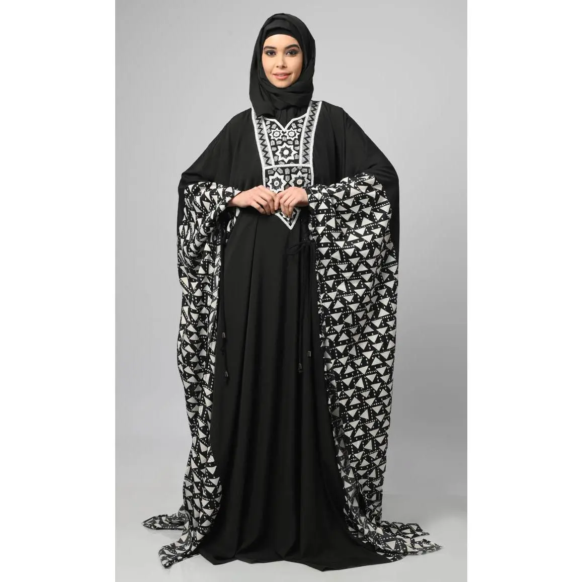 Egyptian Black & White Stripe Print Side Panel Kaftan Abaya