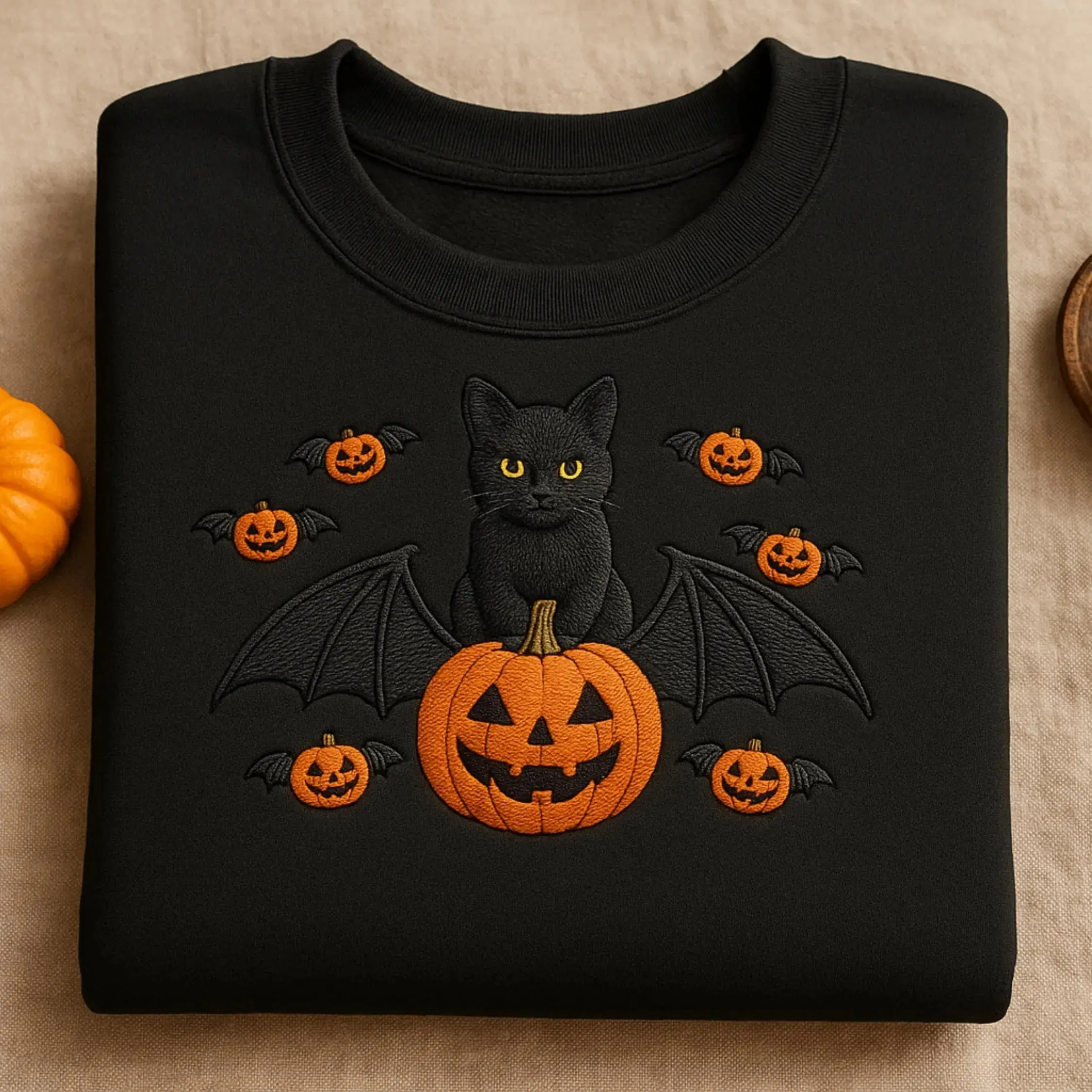 [MADE IN US] Embroidered Black Cat Pumpkin Sweatshirt: Gothic Halloween Crewneck, Creepy Fall Pumpkin Outfit, Cozy Halloween Shirt, Gift For Friend, Family