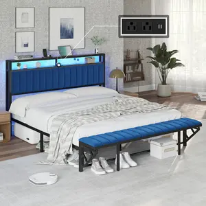 [Black Bed WITHOUT Foldable Ottoman] AMERLIFE TWO Different Bed Frames, Metal Bed with Foldable Ottoman, Velvet Upholstered Headboard/Metal Bed with PU Leather Headboard/ Both Including LED Lights, Charging Station,Storage Shelves