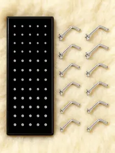 60 Pcs Polished Silvery Angled L-Bend Unisex Nostril Piercing Studs for Women Men 1.5/2/2.5mm Glistening Clear Zirconia Skin-Safe Implant-Grade Stainless Steel Long-Time Use Mini Slim Curved Nasal Decorations