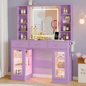 Modern LED Makeup Vanity Desk with Mirror - Stylish, Full-Size, Illuminated, Multi-Light Modern Makeup Vanities, RGB Lighted Drawers, Glass Top, Power Outlet, Storage Shelves & Cabinets for Bedroom, White, Stylish Makeup Vanities