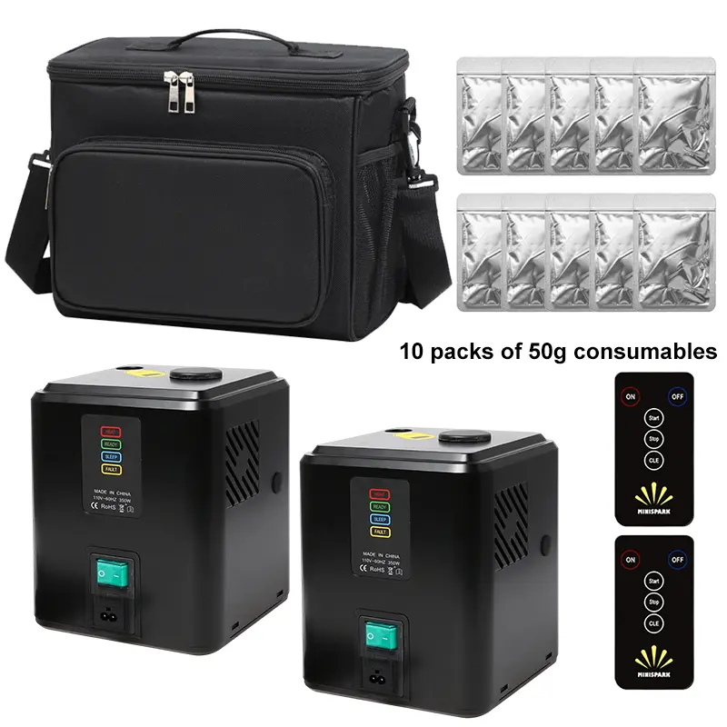 Compact 2-Pack Mini Spark Machines Party Supplies Gift Set - Portable FX Devices with Auto Safety Cutoff, No DMX Required, for Stage/Watch Party Events, Includes 2 Black Machines, 10 x 50g Consumables, Handbag (All Seasons Use)