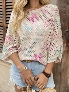 Spring & summer Bohemian knit top, round neck, hollow-out batwing sleeves, loose fit. Contrast bow print, lightweight. Perfect for daily, commute, vacation & beach bikini cover-up.