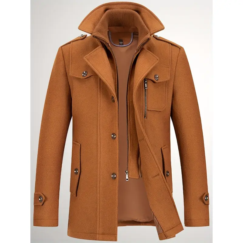 Men's wool-blend double-necked trench coat Detachable collar Single-breasted Winter tweed coat Casual warm coat Classic winter coat Beige