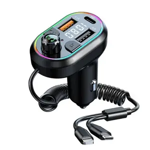 Wireless FM Transmitter, 3 Ports USB PD Fast Car Charger, QC3.1 Type C Head & iPhone Head Wireless Connection Broadcast EQ Mode, Retractable Car Charger