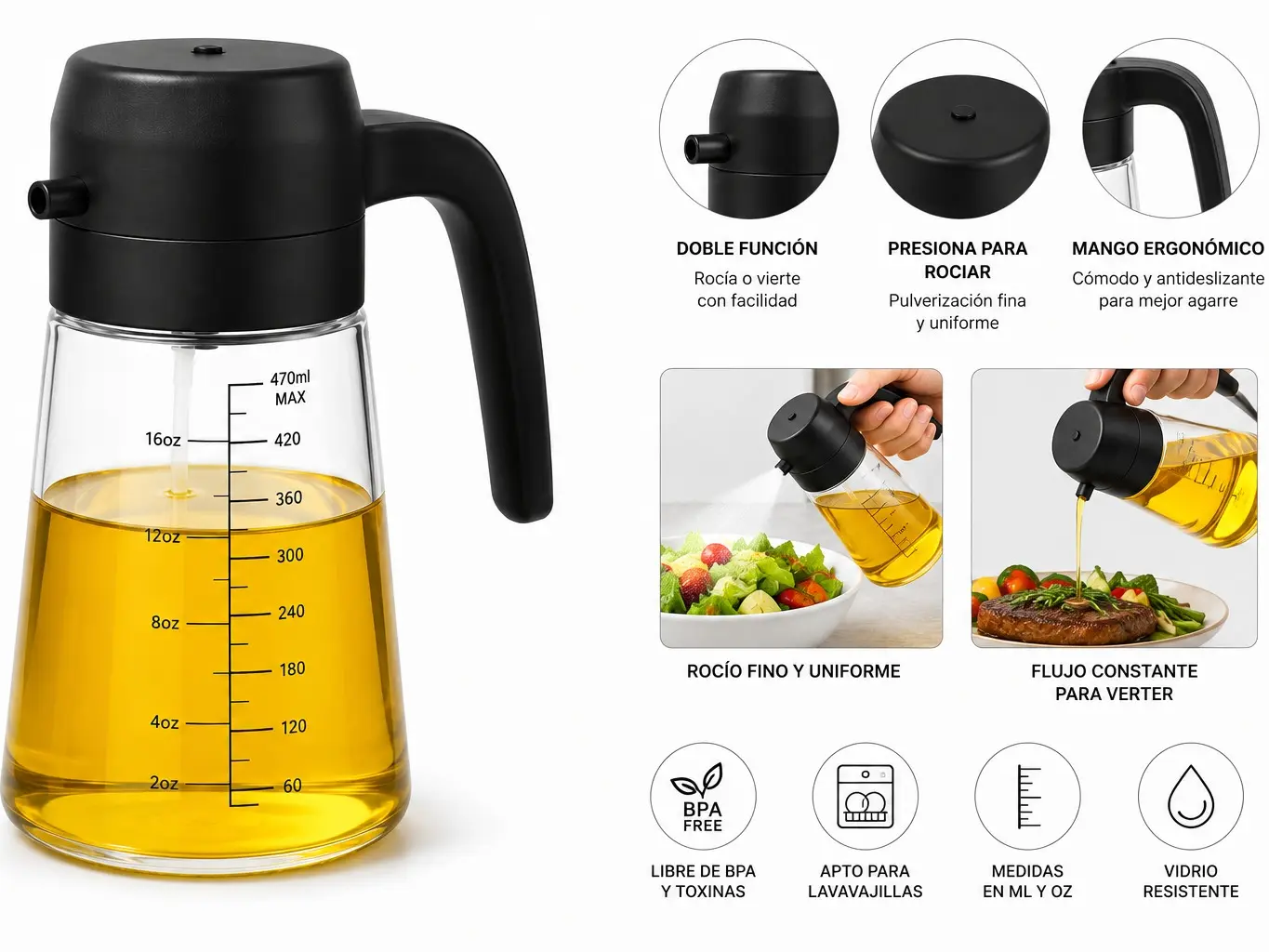 2 in 1 Olive Oil Sprayer & Dispenser Bottle, Glass Oil Spray Bottle for Cooking, Kitchen, Air Fryer, BBQ & Salad