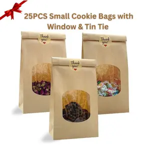 25PCS Small Cookie Bags with Window & Tin Tie – 3.6x2.2x6.6 in Brown Kraft Paper Bags with Thank You Stickers for Coffee Beans, Treats, Candy & Gift Packaging