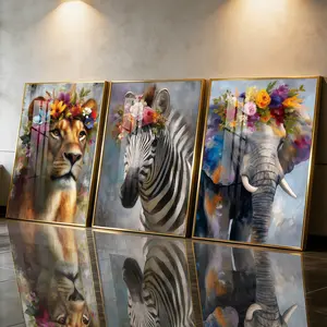 3 Count Aluminum Alloy Frame Canvas， Lion Zebra Elephant Floral Art， Fashion Poster， Modern Living Room Decoration， Light Luxury Family Art， Suitable For Bedroom， Corridor And Office Wall Decor， Gift