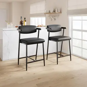 GARVEE Bar Stools Set of 2, 26.5" Upholstered Counter Height Bar Stools for 2 with Armrest, Wider Thickened Cushion, Bar Chairs with Backrest for Bar, Dining Room, Kitchen, Retro Black
