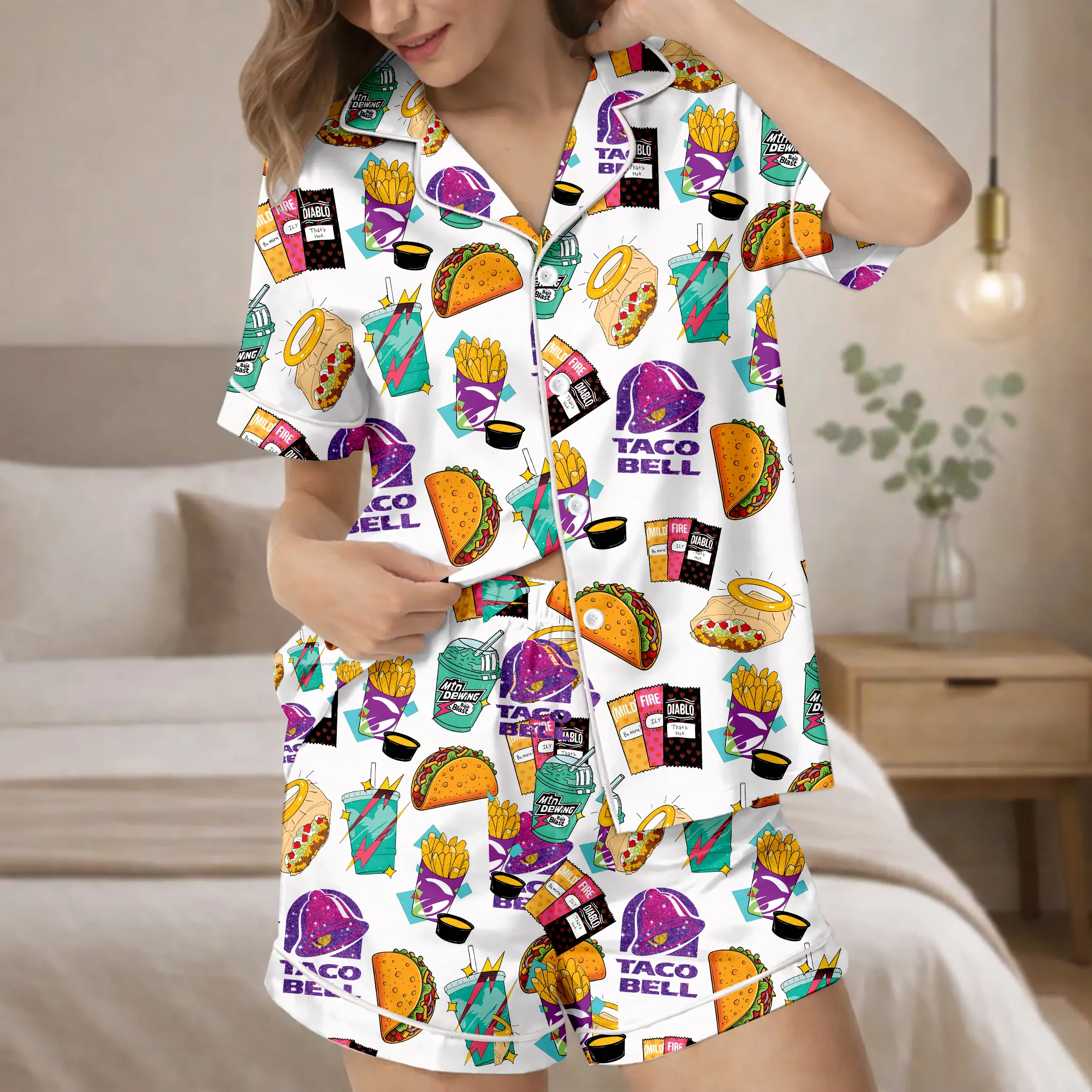 TacoBell Pajamas Set, TacoBell Sleep Wear, Satin Pajamas For Women