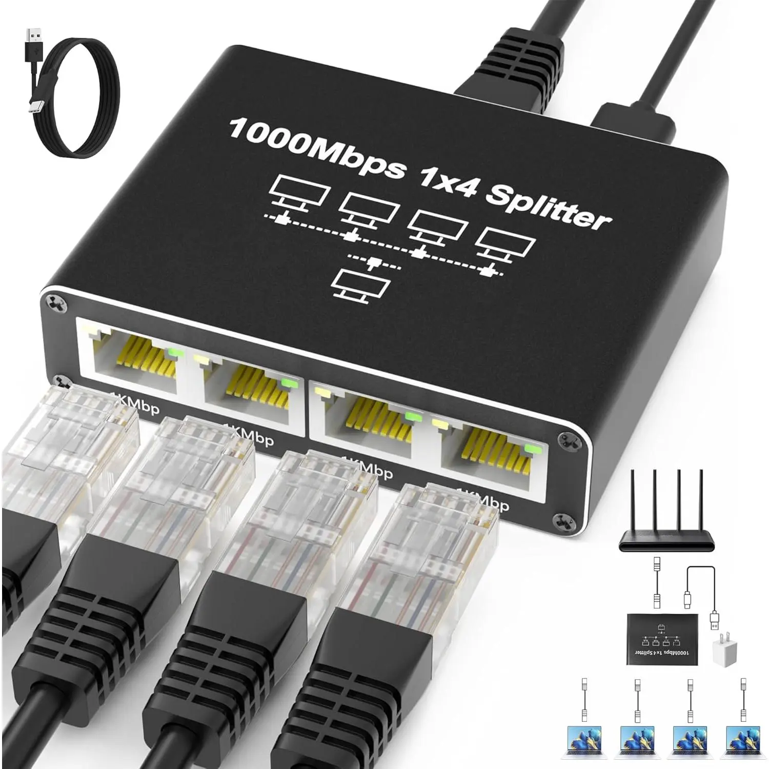 Internet Splitter 1 in 4 Out, Gigabit Ethernet LAN Splitters High Speed 1000Mbps RJ45 Ethernet  for Cat8/7/6/5e/5  [4 Devices Simultaneous Networking]
