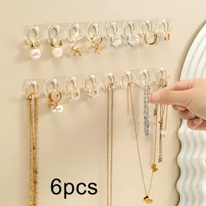 6Pcs Small Transparent Jewelry Display Rack, 8-hook Connected Row with Self-adhesive, Total 16 Hooks, Door Wardrobe Storage Hooks for Home, Closet Space Saving, Easy Access for Earrings Rings Necklaces, Space Saver Organizer, Door Hanging Organizer