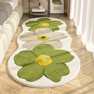 1pc Cute Cream Style Floral Bedside Carpet L Green Small Fresh Bedroom Decoration Plush Carpet Cream Style Living Room Long Carpet Household Fluffy Soft Floor Mat Floral Area Rug