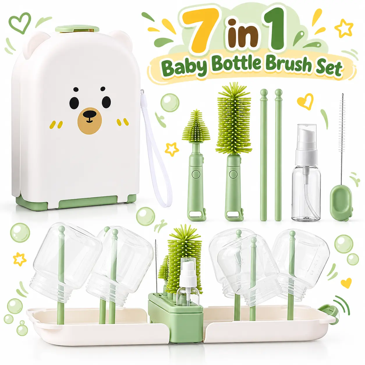 Travel Bottle Cleaner Kit Baby Bottle Cleaner Brush Set Portable Bottle Cleaning Kit Set Silicone Brush, Nipple Brush, Straw Brush, Dispense Detergent Dispenser, Drying Rack - 6 in 1