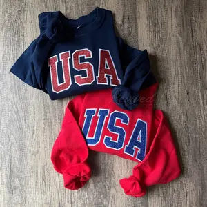 USA Glitter Appliqué Embroidered Sweatshirt Family Youth Adult Toddler Gift 4th of July Crewneck