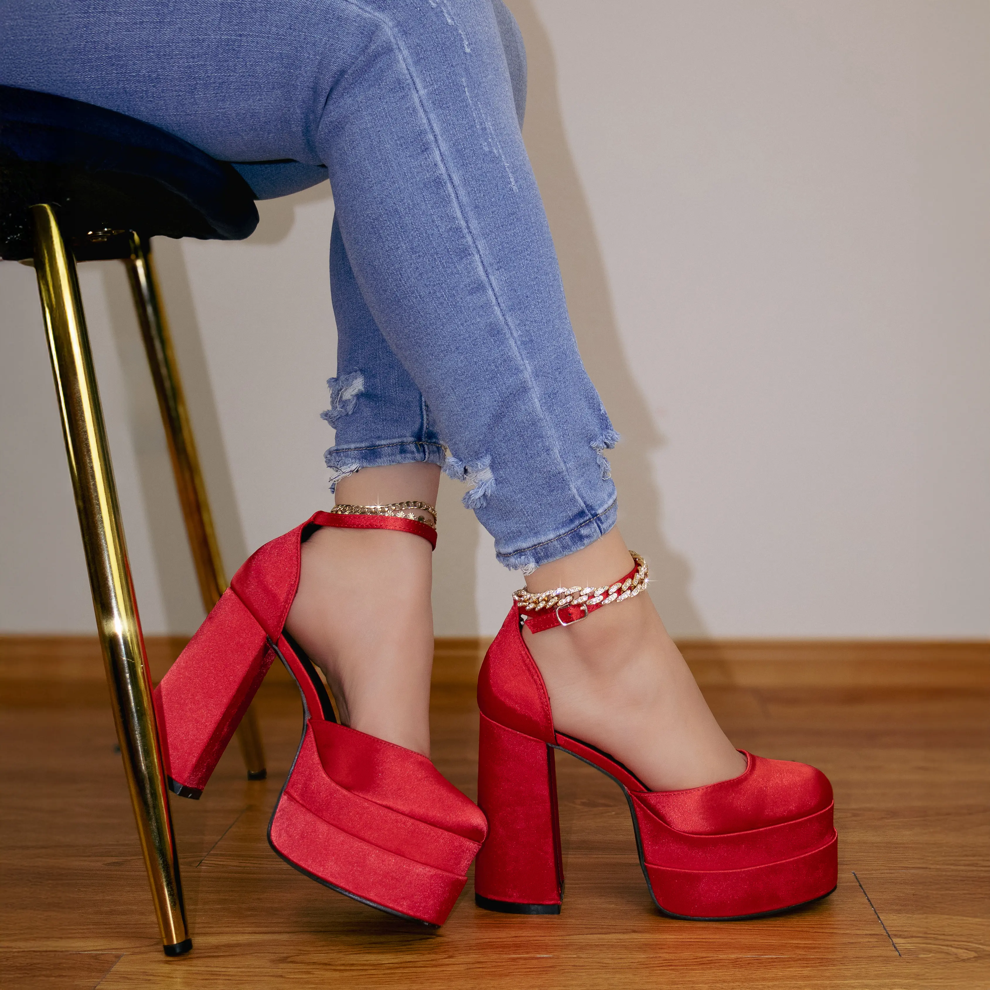 Velvet - [WIDE FIT] Platform Block Heels, Adjustable Ankle Strap & Closed Round Toe, Elegant Party Footwear, Comfortable & Chic for Evening Events