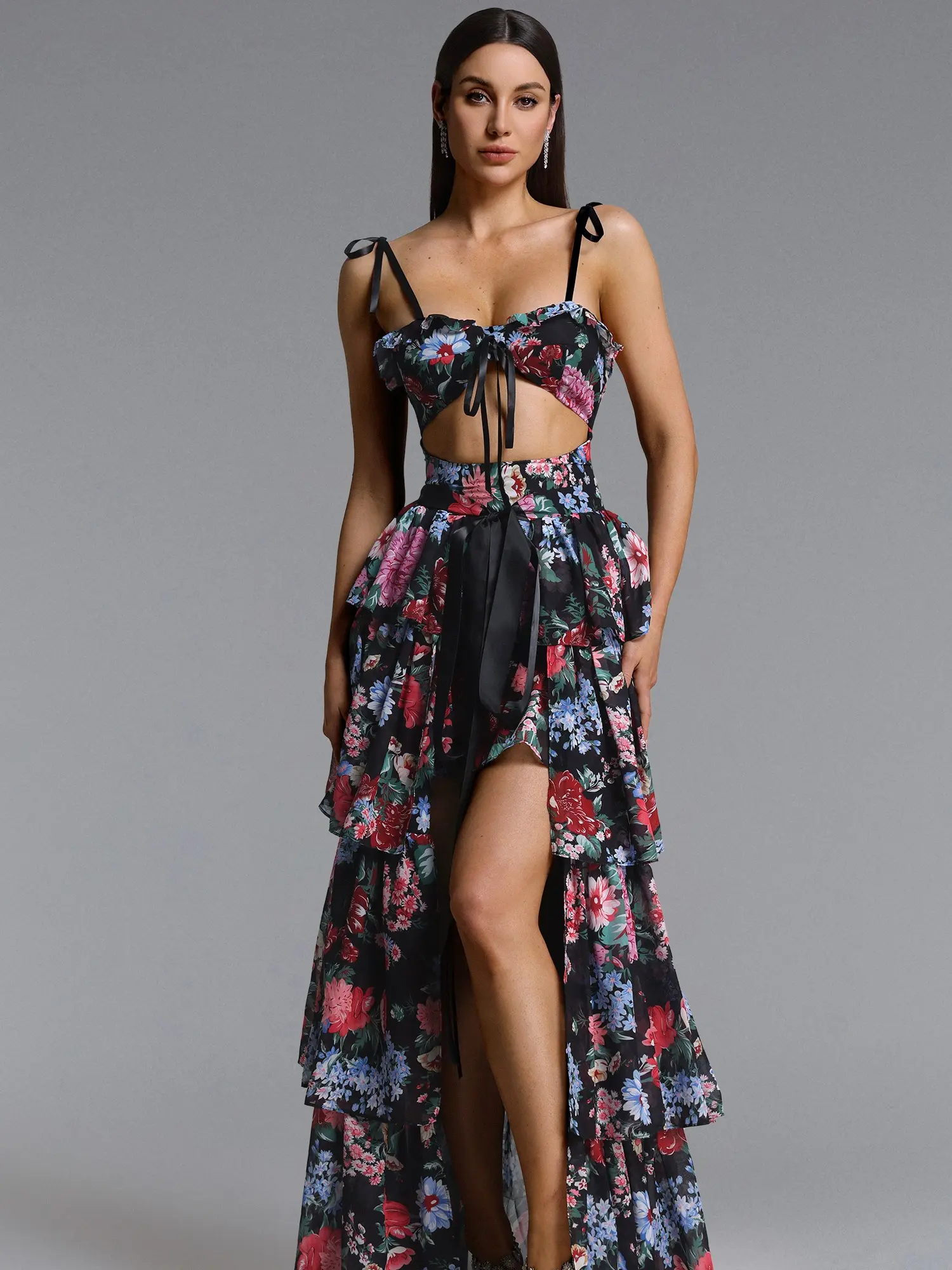 Women's Bohemian Casual BellaBarnett Pale Chic Flowy Halter, Cut-Out, Floral Print Ruffle Maxi Dress for Lady with Flattering Fit, Sleeveless